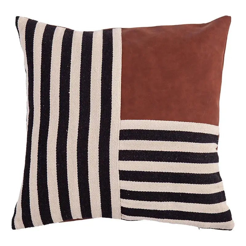 Square pillow cover featuring black stripe faux leather and cream herringbone patchwork for decorbites living room decor