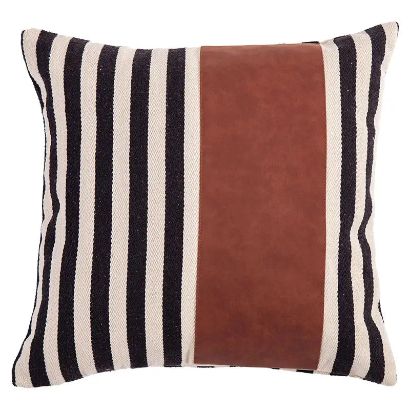 Square pillow cover with black and cream herringbone stripes and brown suede faux leather panel for living room decorbites black stripe