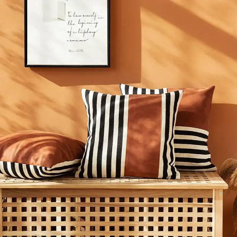 Square throw pillow cover with black and white stripes and a central rust faux leather panel decorbites black stripe decor