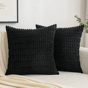 Black striped corduroy throw pillow cover in black textured ribbed fabric with piped edges for living room decorbites decor