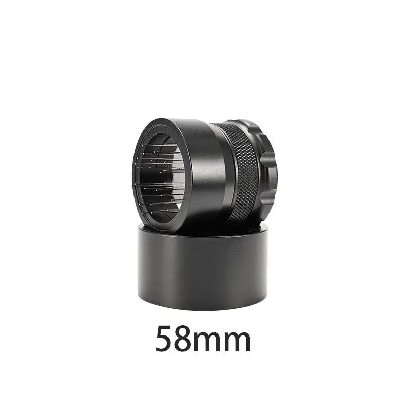 Black textured coffee needle block distributor made of aluminum alloy with 58mm diameter and internal gear teeth for decorbites coffee needle