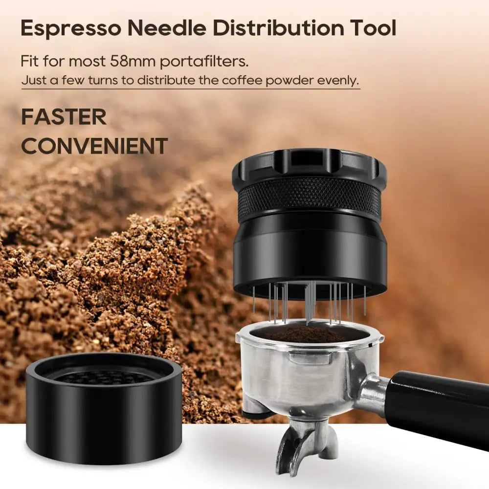 Black textured coffee needle block distributor with fine metal needles and grip for even coffee grounds by decorbites coffee needle