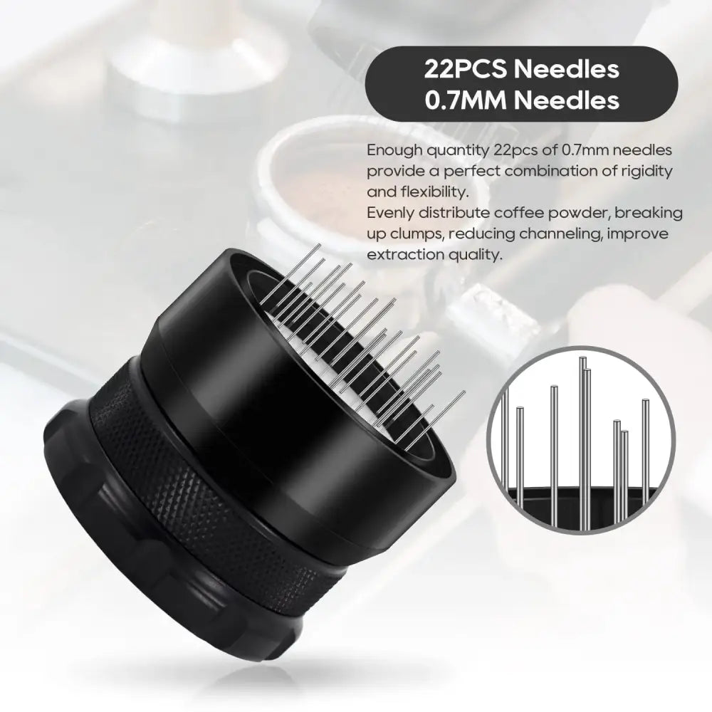 Black textured coffee needle block distributor with 22 stainless steel needles for precise powder distribution decorbites coffee needle
