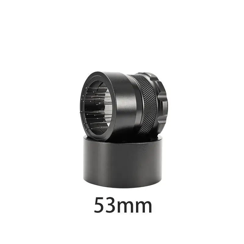 Black textured coffee needle block distributor made of metal with a 53mm diameter and textured grip for decorbites coffee needle use