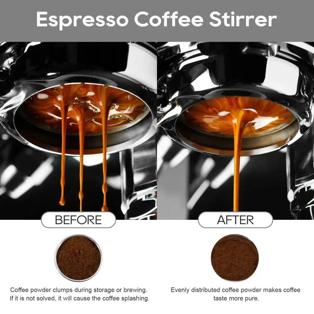Shiny stainless steel black textured coffee needle block distributor designed to evenly distribute ground coffee for pure taste