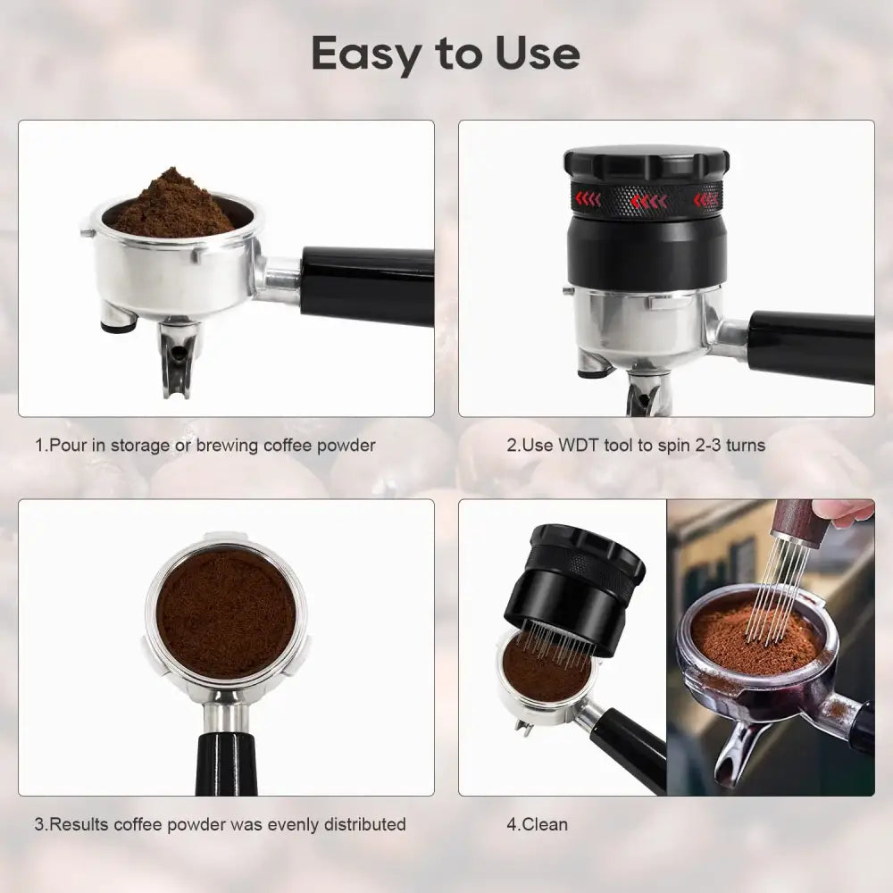 Black and silver coffee needle block distributor with red accents for espresso in decorbites coffee needle kitchen tool