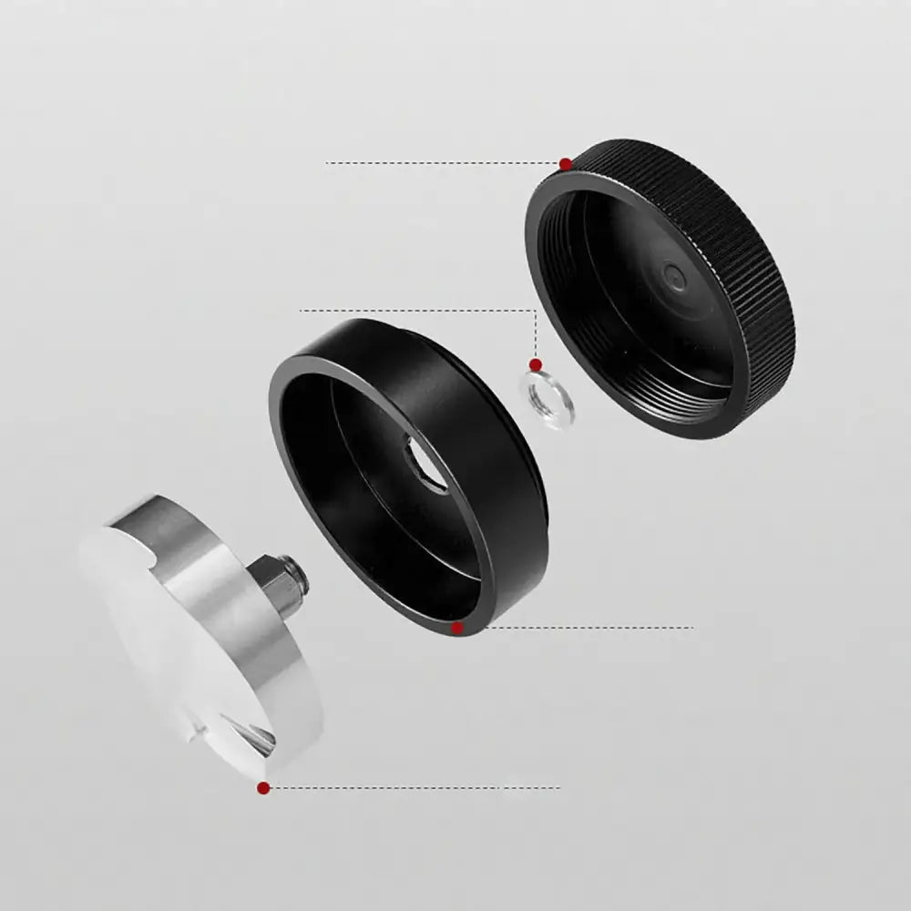Black and silver camera lens mount adapter with threaded rings and hexagonal screw head for decorbites espresso tamper use