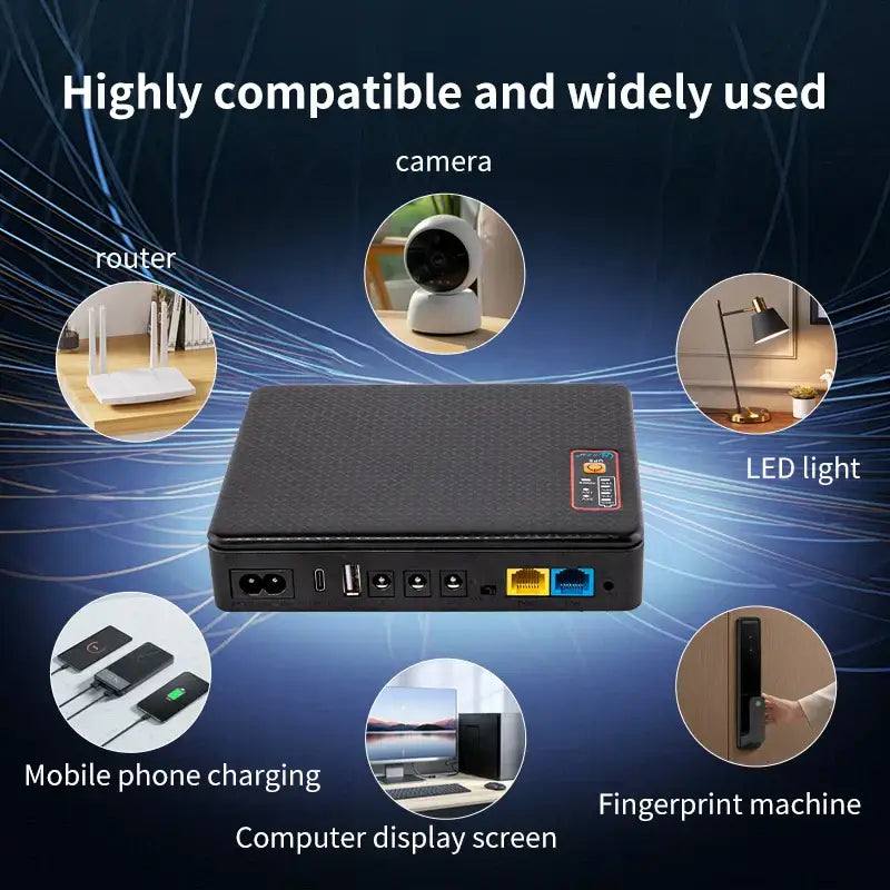 Black textured mini ups backup battery with multiple ports and orange label for decorbites dc ups backup use