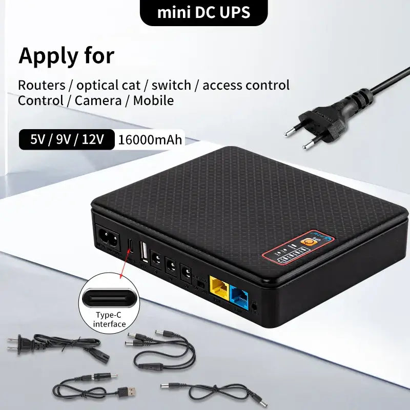 Black textured mini dc ups backup battery with usb and ethernet ports for office router power supply decorbites dc ups
