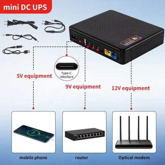 Black textured mini dc ups backup battery with multiple ports and cables for powering 5v 9v and 12v devices