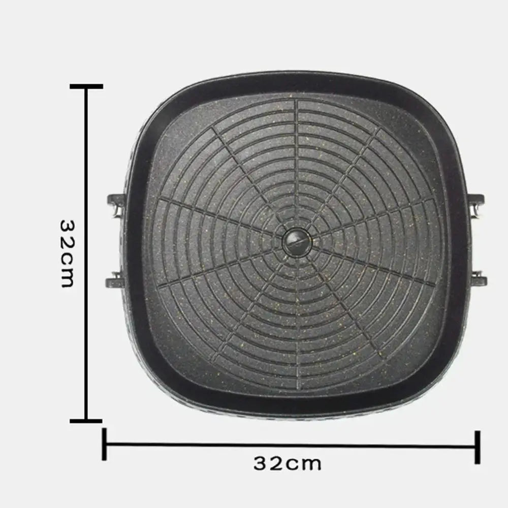 Black textured square 32cm non-stick korean bbq grill pan with speckled surface and concentric grooves for cooking