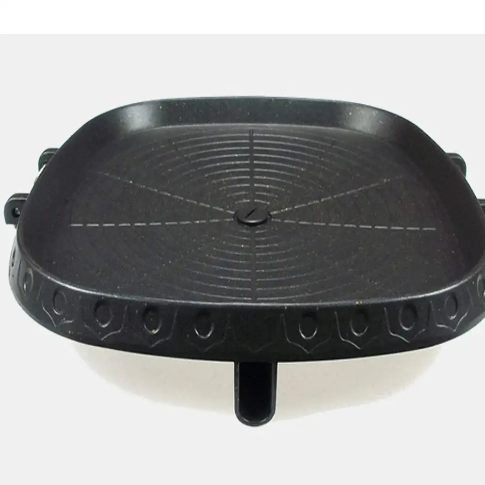 Black textured square korean bbq grill pan with non-stick surface and hexagonal patterns for korean bbq cooking