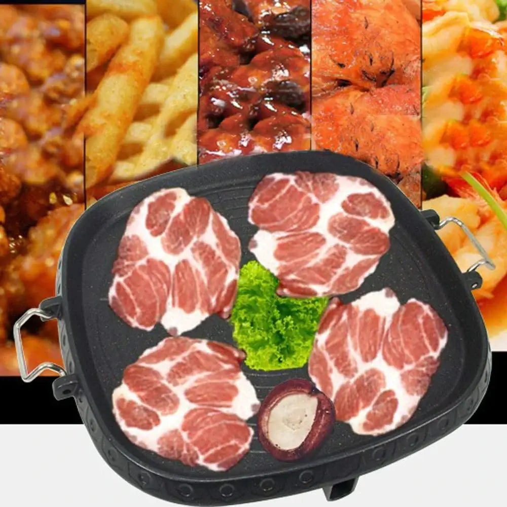 Black textured square korean bbq grill pan with electric surface cooking four marbled pork belly slices and one mushroom
