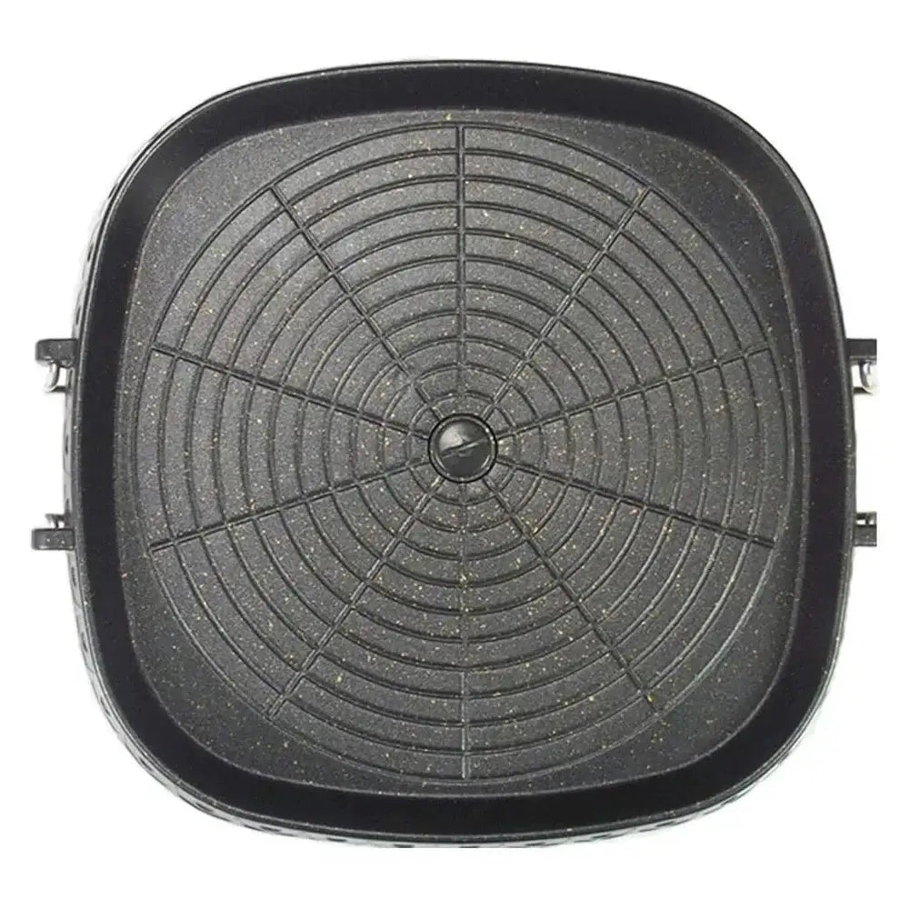 Black textured square korean bbq grill pan with speckled non-stick surface and concentric circular ridges for grilling