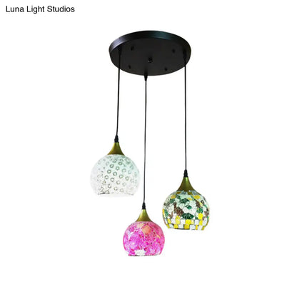 Black Tiffany Stained Glass Cluster Pendant Lamp with 3 Hanging Lights - Dome Design