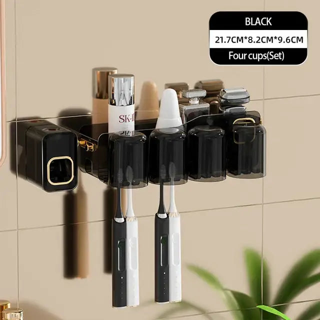 Black translucent inverted toothbrush holder wall-mounted with four transparent cups and built-in electric toothpaste dispenser