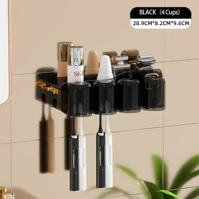 Black translucent plastic decorbites inverted toothbrush holder with four cups and gold-tone hooks for bathroom storage rack
