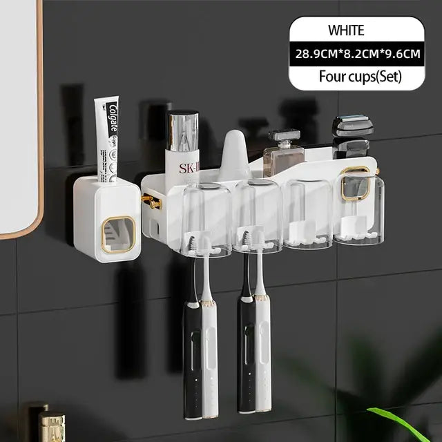 White toothbrush holder with four transparent cups and built-in toothpaste dispenser for decorbites inverted toothbrush holder storage rack