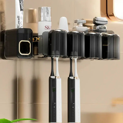 Black translucent inverted toothbrush holder and bathroom storage rack with black and white electric toothbrush holder and integrated toothpaste dispenser