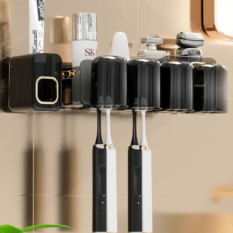 Black translucent inverted toothbrush holder and bathroom storage rack with black and white electric toothbrush holder and integrated toothpaste dispenser