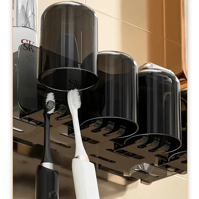 Black translucent inverted toothbrush holder mounted on metallic rack by decorbites for bathroom storage and organization