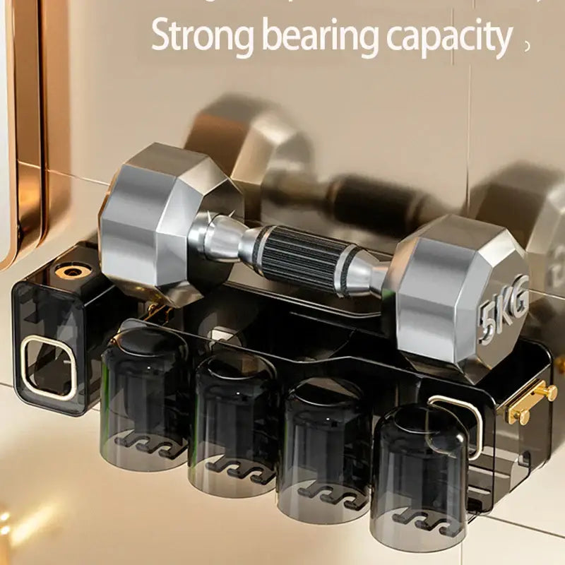 Black translucent inverted toothbrush holder and bathroom storage rack with silver 5kg dumbbell on plastic weight rack