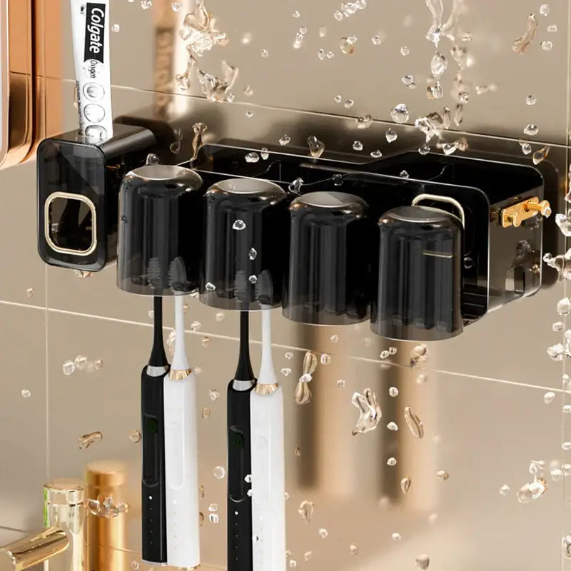 Black translucent inverted toothbrush holder with integrated toothpaste dispenser and four slots for electric toothbrushes by decorbites