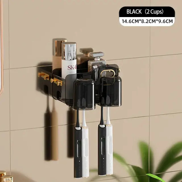 Black translucent inverted toothbrush holder with two transparent cups and gold accents for decorbites inverted toothbrush storage