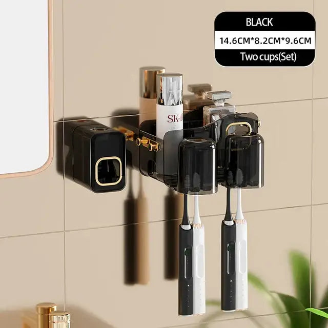 Black translucent inverted toothbrush holder with two cups and built-in electric toothbrush charging station decorbites