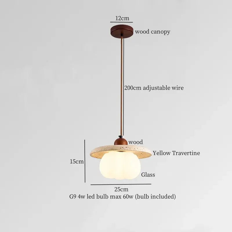 Modern decorbites black travertine led pendant light with warm wood canopy and frosted glass globe for dining room decor
