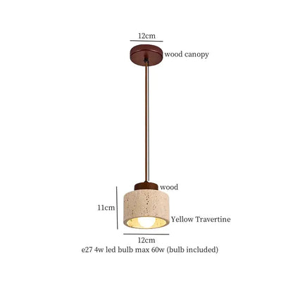 A rustic pendant light with a warm wood canopy and yellow travertine shade from decorbites black travertine led collection