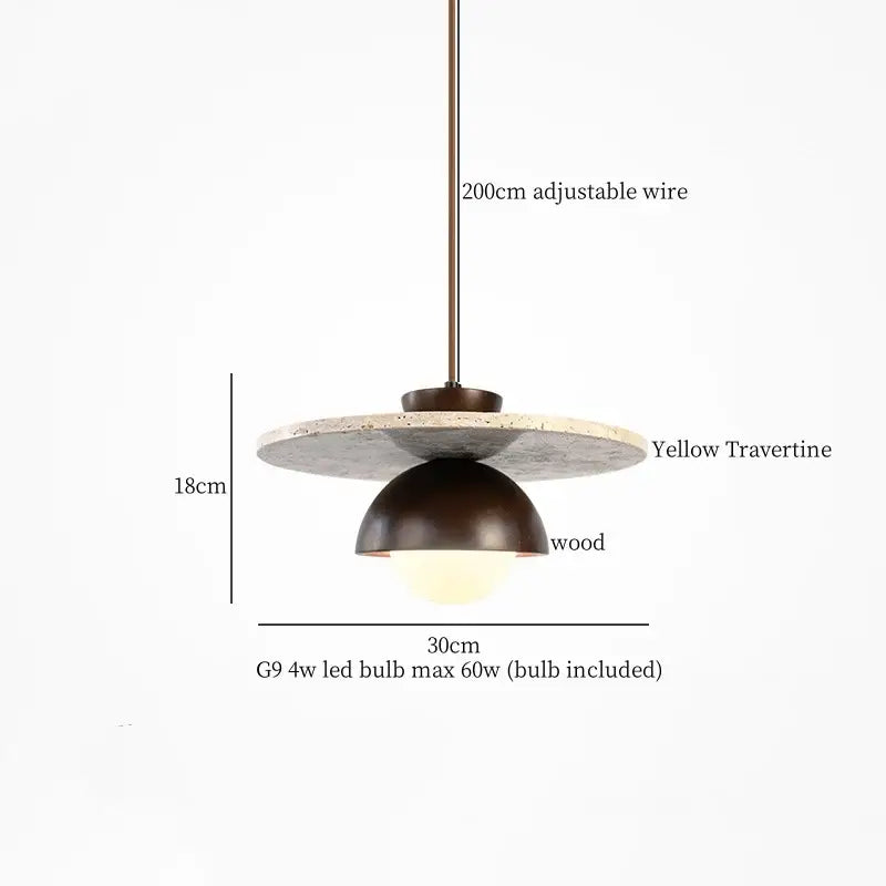 Black travertine led pendant light with a circular yellow travertine disc and dark bronze dome for dining room decorbites black travertine