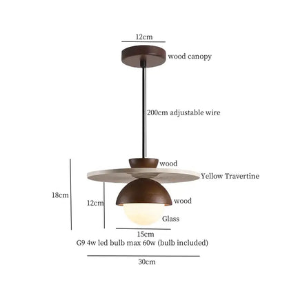 Rustic black travertine led pendant light with dark wood canopy and yellow travertine disc for dining room decorbites black travertine