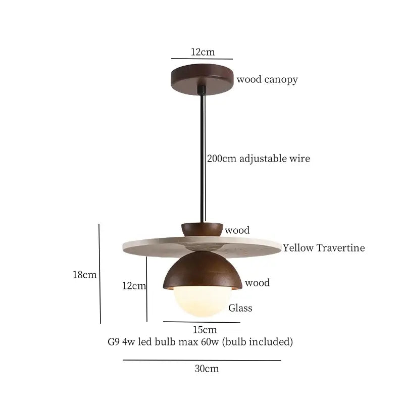 Rustic black travertine led pendant light with dark wood canopy and yellow travertine disc for dining room decorbites black travertine