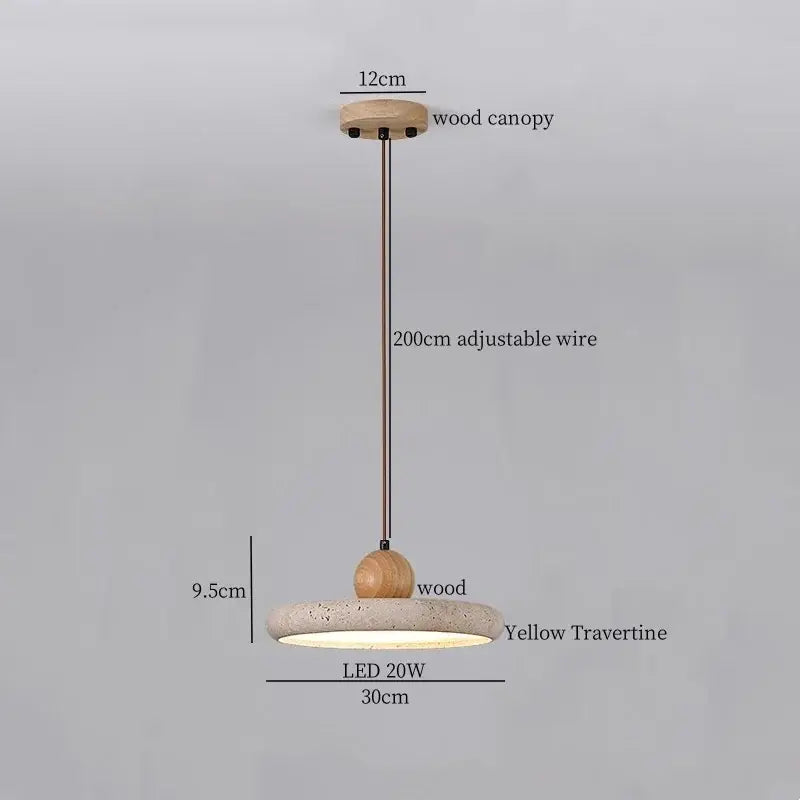 Modern pendant light with natural wood canopy, adjustable wire, and yellow travertine shade from decorbites black travertine led collection