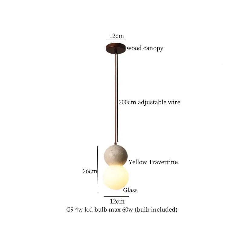 A decorbites black travertine led pendant light with dark wood canopy and yellow travertine stone globe for dining room decor