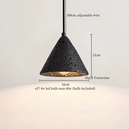 Black travertine cone-shaped pendant light with textured speckled surface and gold-lined interior for decorbites glass ball