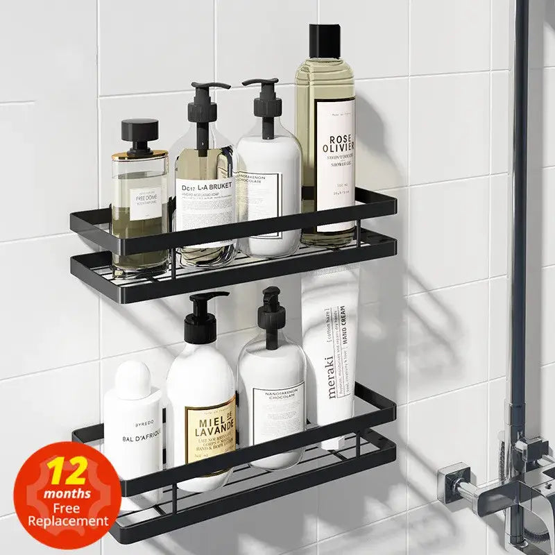 Black two tier metal bathroom shelf holding toiletries for bathroom shelf shower storage and organization