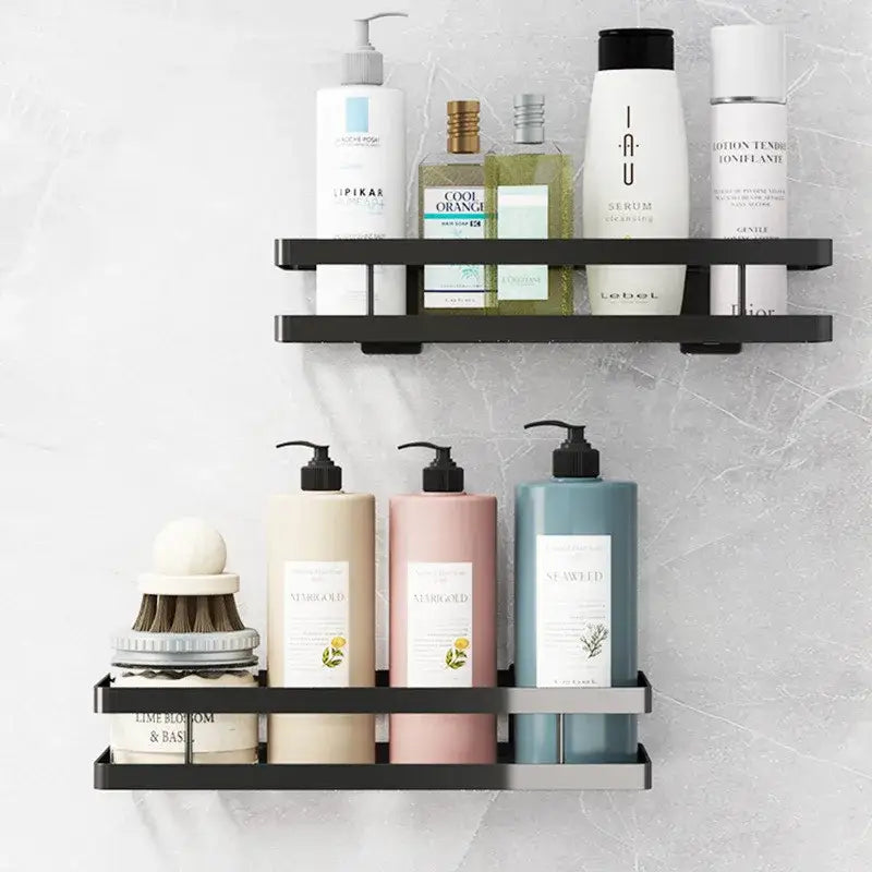 Black two tier metal bathroom shelf mounted on wall holding toiletries for bathroom shelf shower storage use