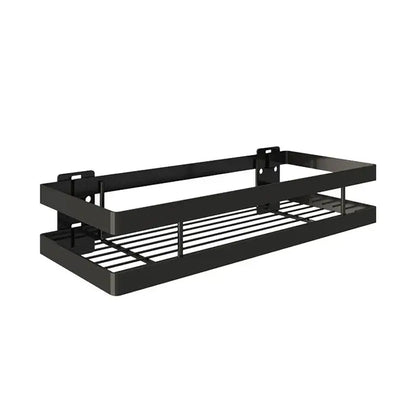 Black two tier metal bathroom shelf with horizontal slats for shelf shower storage and bathroom shelf shower use