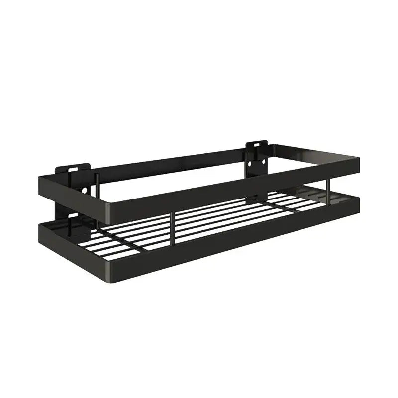 Black two tier metal bathroom shelf with horizontal slats for shelf shower storage and bathroom shelf shower use