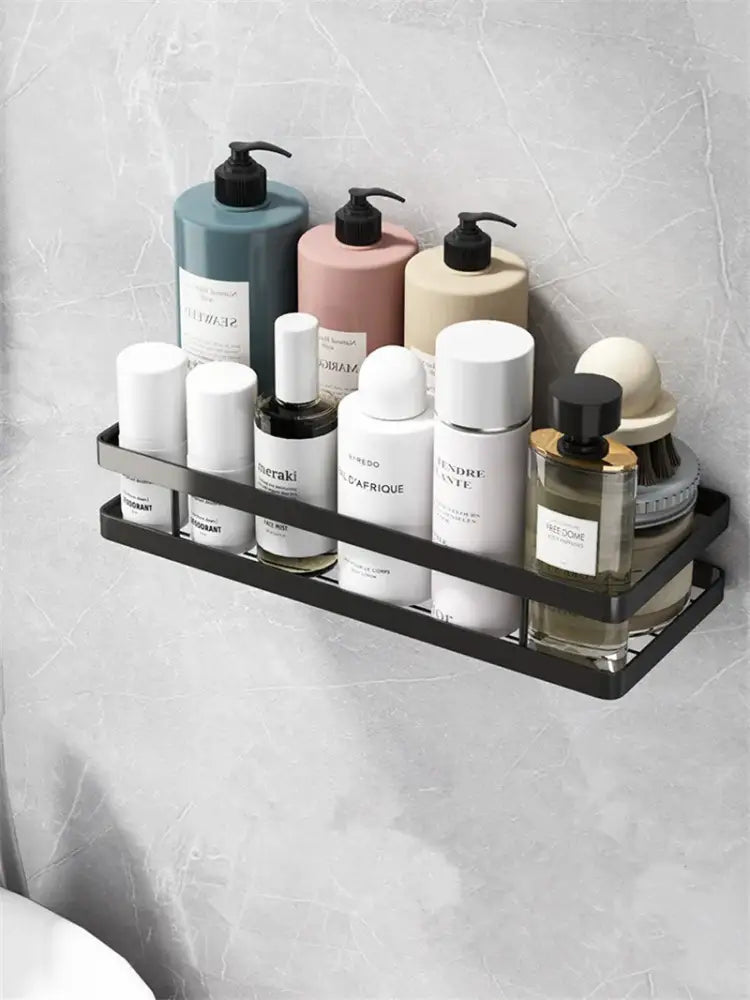 Black two tier metal bathroom shelf wall mounted with toiletries for shower storage and bathroom shelf shower organization