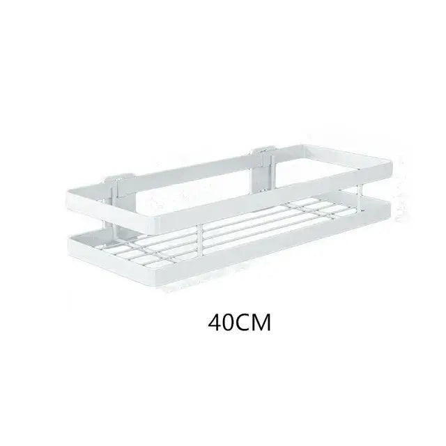 White metal double-tiered bathroom shelf shower with grid design and mounting brackets for shelf shower storage