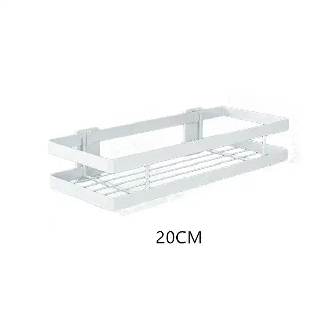White metal double-tiered bathroom shelf with grid design and mounting brackets for bathroom shelf shower storage