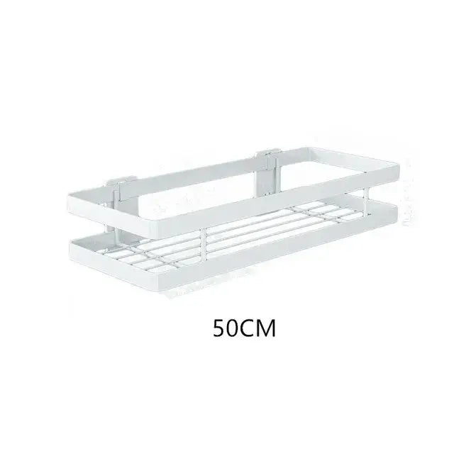 White metal double-tiered bathroom shelf shower with grid design and mounting brackets for shelf shower storage