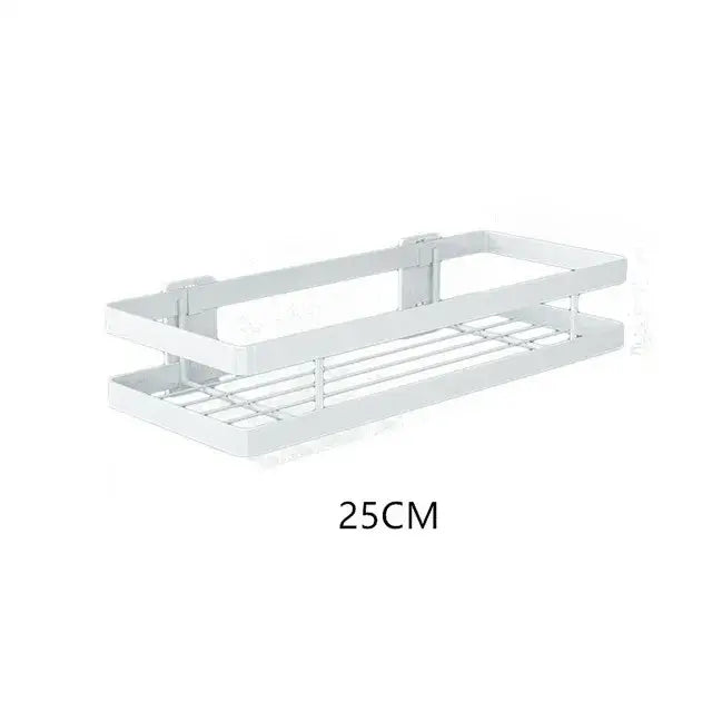 White metal two-tiered bathroom shelf shower with grid design and mounting brackets for shelf shower storage