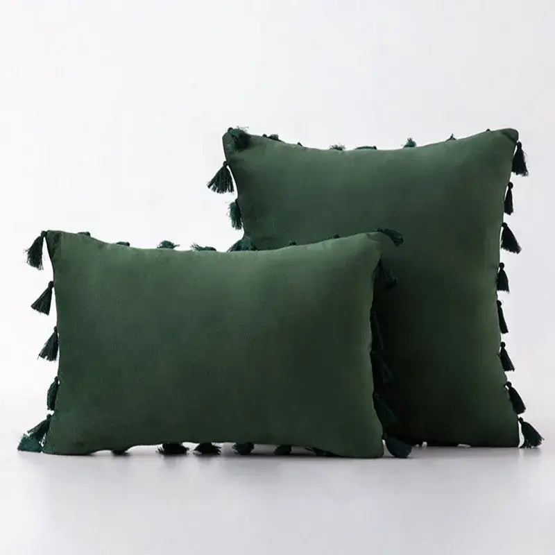 Black velvet tassel fringe pillow cover in dark green velvet with black tassels for living room sofa decorbites pillow cover
