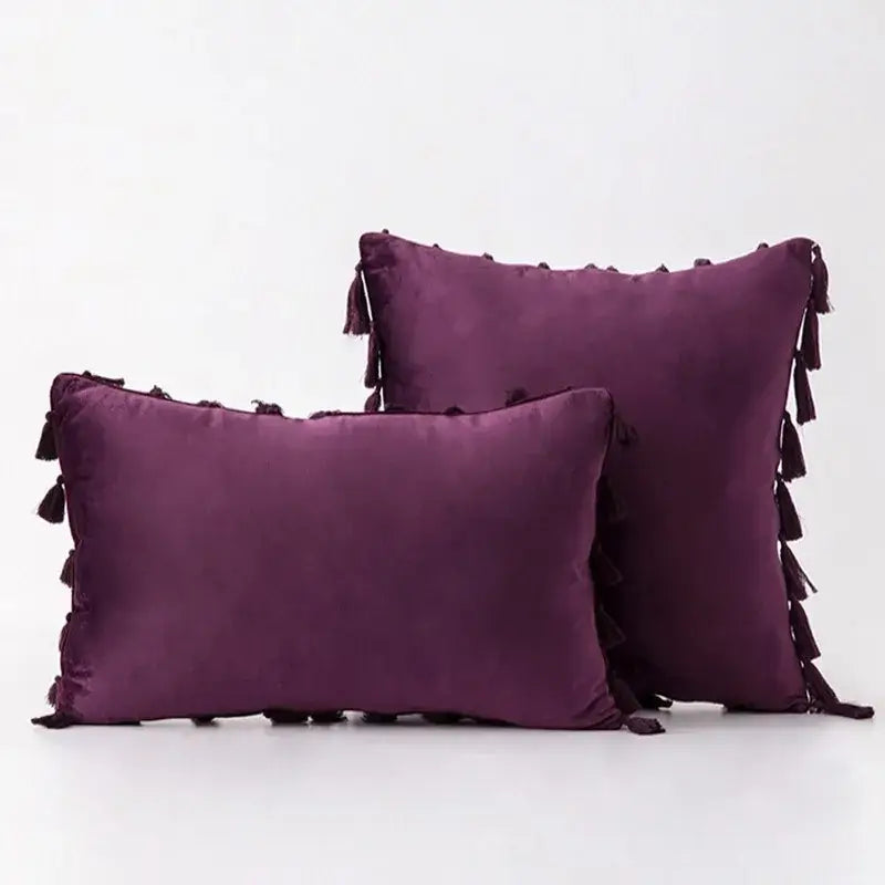 Deep purple velvet pillow cover with dark tassel fringe edges by decorbites black velvet for living room sofa decor