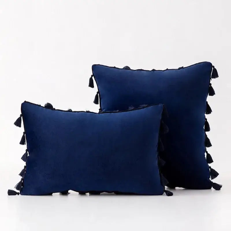 Black velvet tassel fringe pillow cover in deep navy velvet with black tassels perfect for living room sofa decorbites