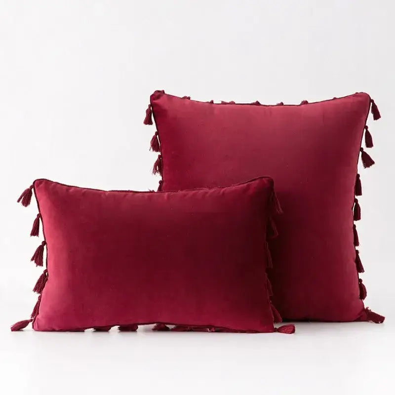 Deep red velvet throw pillow cover with decorative tassel fringe edges for living room decorbites black velvet design